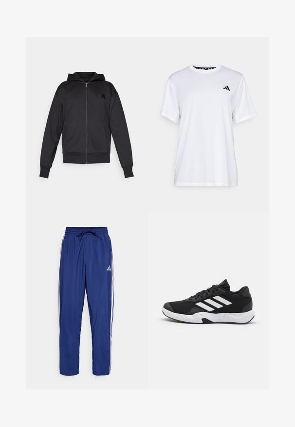 Crna zip-up dukserica s dugim rukavima, prednjim džepovima, rebrastim manžetama i donjim rubom, te malim logotipom na lijevoj strani prsnog koša.; Bijela atletska majica kratkih rukava, napravljena od tkanine koja upija vlagu. Ima crni logo na lijevoj strani prsiju i uzorčeni unutarnji obrub dekoltea.; Tamno plave trenerice od glatkog materijala, s bijelim bočnim trakama i elastičnom maramom s vezicom za prilagodljivo podešavanje.; Crne atletske cipele s teksturiranim mrežastim gornjim dijelom, bijelim naglasnim trakama, podstavljenim potplatom i ojačanim petom za podršku.