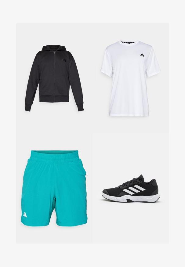 Svart hettegenser med glidelås, lange ermer, lommer foran, ribbestrikkede mansjetter og hem, samt en liten logo på venstre bryst.; Hvit trenings T-skjorte med korte ermer, laget av fukttransporterende stoff. Har en svart logo på venstre bryst og et mønstrete innvendig halsåpning.; Teal idrettsshorts med elastisk livlinje og teksturert mønster. Har en hvit logo på nedre venstre side.; Sorte joggesko med teksturert mesh-overdel, hvite aksentstriper, en polstret såle og en forsterket hæl for støtte.