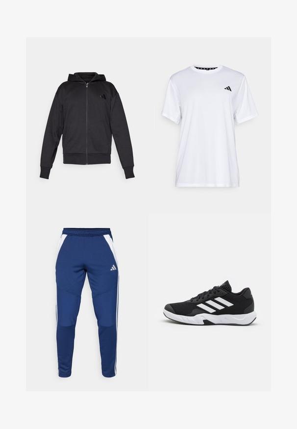 Czarna bluza z zamkiem na całej długości, z długimi rękawami, kieszeniami z przodu, ściągaczami przy mankietach i u dołu oraz małym logo na lewej piersi.; Biała koszulka sportowa z krótkim rękawem, wykonana z materiału odprowadzającego wilgoć. Posiada czarne logo na lewej piersi oraz wzorzystą podszewkę kołnierza.; Granatowe sportowe spodnie z białymi paskami po bokach, wykonane z miękkiego materiału, z zwężanym krojem i elastycznym pasem dla wygody.; Czarne buty sportowe z teksturowaną siateczką u góry, białymi paskami akcentującymi, amortyzującą podeszwą i wzmocnionym piętą dla wsparcia.