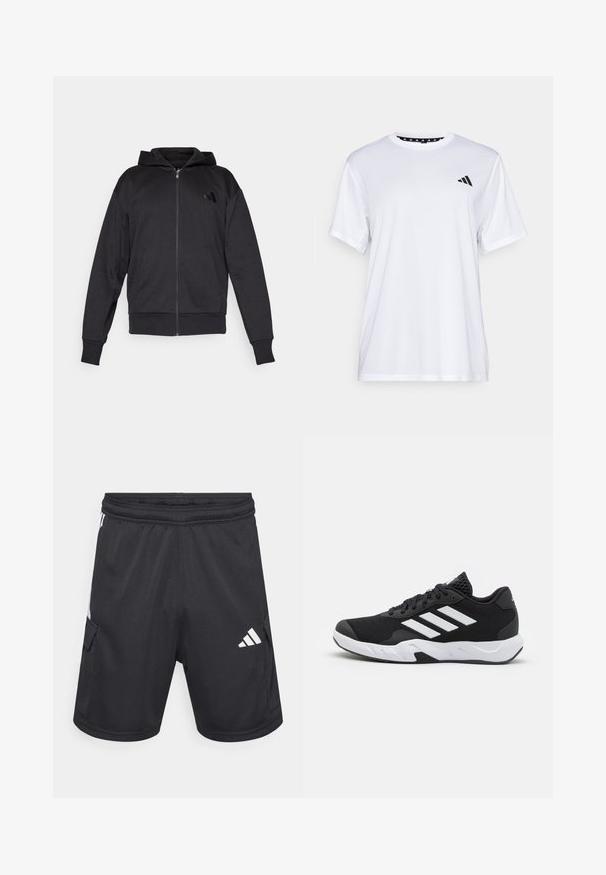 Czarna bluza z zamkiem na całej długości, z długimi rękawami, kieszeniami z przodu, ściągaczami przy mankietach i u dołu oraz małym logo na lewej piersi.; Biała koszulka sportowa z krótkim rękawem, wykonana z materiału odprowadzającego wilgoć. Posiada czarne logo na lewej piersi oraz wzorzystą podszewkę kołnierza.; Czarne sportowe spodenki wykonane z lekkiego materiału, z dwoma bocznymi kieszeniami, elastycznym pasem oraz białym logo Adidas na dolnej prawej stronie.; Czarne buty sportowe z teksturowaną siateczką u góry, białymi paskami akcentującymi, amortyzującą podeszwą i wzmocnionym piętą dla wsparcia.