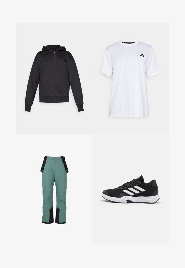 Sudadera con cremallera negra, de manga larga, con bolsillos frontales, puños y dobladillo acanalados, y un pequeño logo en el lado izquierdo del pecho.; Camiseta atlética blanca de manga corta, hecha de una tela que absorbe la humedad. Presenta un logo negro en el lado izquierdo del pecho y un cuello interior con un diseño estampado.; Pantalones de esquí impermeables verdes con tirantes ajustables, acentos negros en el dobladillo y un corte holgado para facilitar el movimiento. Zonas de rodillas reforzadas.; Zapatillas deportivas negras con una parte superior de malla texturizada, rayas de acento blancas, suela acolchada y talón reforzado para mayor soporte.