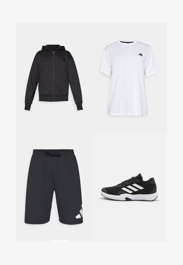 Juoda užtrauktuku užsidėta kapšas su ilgomis rankovėmis, priekinėmis kišenėmis, derančiais rankogaliais ir apvadu, bei maža logotipo etikete kairėje krūtinės pusėje.; Balta sportinė marškinėliai trumpomis rankovėmis, pagaminti iš drėgmę šalinančios medžiagos. Kairėje krūtinės pusėje yra juodas logotipas, o apykaklės viduje yra raštuotas dizainas.; Juodos sportinės šortai, pagaminti iš minkštos medžiagos, su elastinga juosmens juosta ir raišteliu, bei balta logotipu kairėje apatinėje pusėje.; Juodi sportiniai batai su tekstūruotu tinkliniu paviršiumi, baltais akcentų dryžiais, paminkštintu padu ir sustiprintu kulnu paramai.