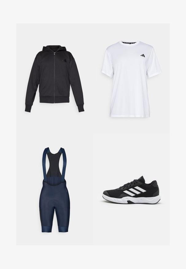 Crna zip-up dukserica s dugim rukavima, prednjim džepovima, rebrastim manžetama i donjim rubom, te malim logotipom na lijevoj strani prsnog koša.; Bijela atletska majica kratkih rukava, napravljena od tkanine koja upija vlagu. Ima crni logo na lijevoj strani prsiju i uzorčeni unutarnji obrub dekoltea.; Mornarsko biciklističke kratke hlače s crnom mrežastom gornjom dijelom, podstavljenim sjedalom, elastičnim otvorima za noge i brendiranim trakama za sigurno pristajanje i udobnost.; Crne atletske cipele s teksturiranim mrežastim gornjim dijelom, bijelim naglasnim trakama, podstavljenim potplatom i ojačanim petom za podršku.
