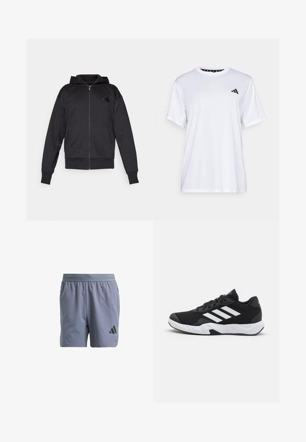 Haut à capuche noir zippé avec des manches longues, des poches avant, des poignets et un ourlet côtelés, et un petit logo sur la poitrine gauche.; T-shirt de sport blanc à manches courtes, fabriqué en tissu évacuant l'humidité. Présente un logo noir sur la poitrine gauche et un col intérieur à motifs.; Shorts de sport gris avec une taille élastique, tissu texturé, poches latérales et un logo noir sur la jambe inférieure gauche.; Baskets de sport noires avec une tige en mesh texturé, des rayures blanches, une semelle rembourrée et un talon renforcé pour le soutien.