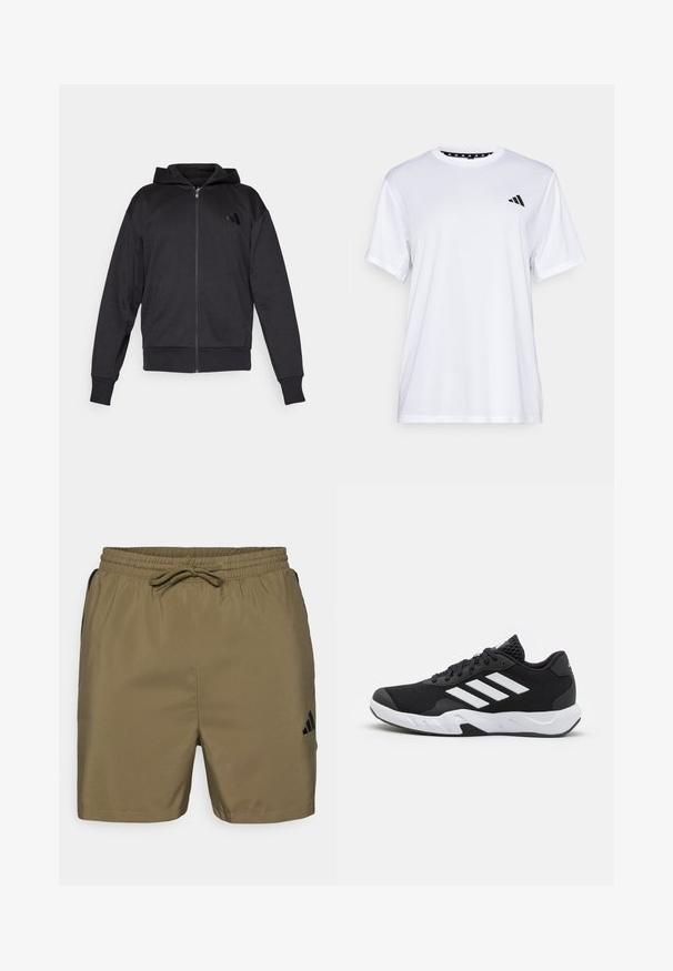 Melna zipa džemperis ar garām piedurknēm, priekšējām kabatām, ribotām aprocēm un apakšmalu, kā arī neliec logo kreisajā krūtī.; Balts sporta T-krekls ar īsām piedurknēm, izgatavots no mitrumu absorbējoša auduma. Tam ir melns logo kreisajā krūtī un rakstains iekšējais apkakles piegriezums.; Olīvu zaļas peldbikses ar elastīgu jostasvietu un regulējamu auklu. Iekļauj melnus akcentus un Adidas logo kreisajā pusē.; Melnas sporta kurpes ar teksturētu acu augšdaļu, baltām akcentu svītrām, mīkstu zoli un pastiprinātu papēdi atbalstam.