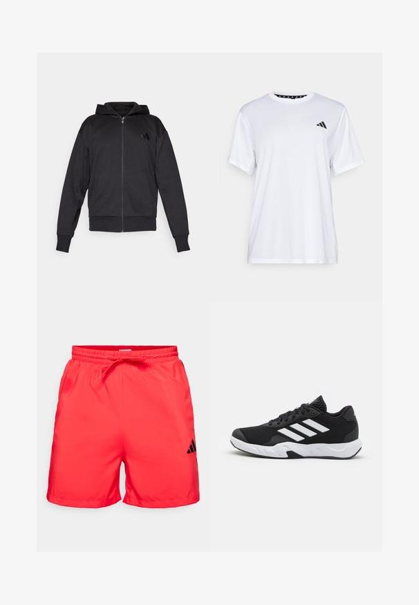 Fleece preto com fecho éclair, mangas longas, bolsos frontais, punhos e bainha canelados, e um pequeno logótipo no lado esquerdo do peito.; Camiseta atlética branca de mangas curtas, feita de tecido que absorve a humidade. Apresenta um logótipo preto no lado esquerdo do peito e um decote interior com padrão.; Calções desportivos vermelhos com um cós elástico e cordão. Apresenta o logo da Adidas em preto no lado inferior direito. Textura suave.; Tenis negros desportivos com um superior em malha texturizada, riscas brancas de destaque, sola acolchoada e um calcanhar reforçado para suporte.