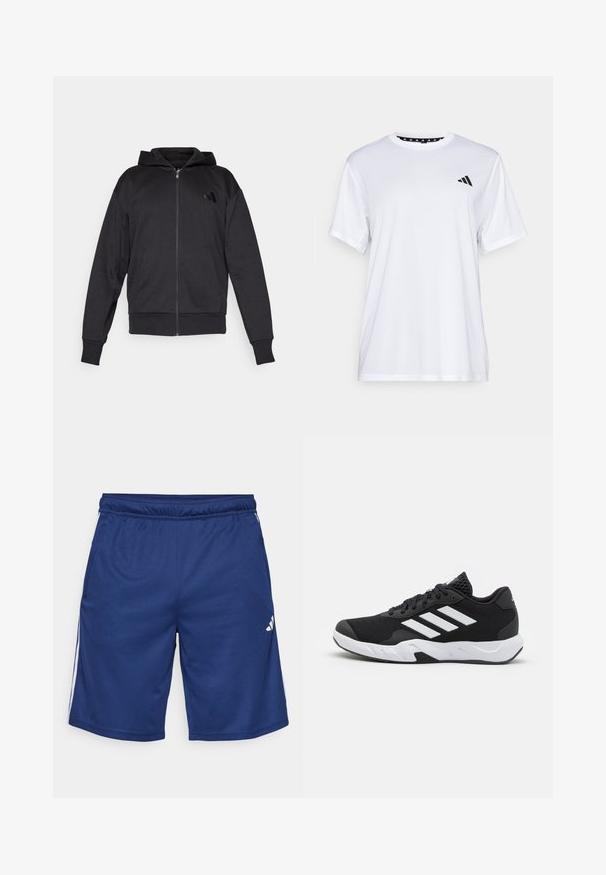 Mustat vetoketjuhupparit, joissa on pitkät hihat, etutaskut, ribbauskankaiset hihansuut ja helma, sekä pieni logo vasemmassa rinnassa.; Valkoinen urheilupaita lyhyillä hihoilla, valmistettu kosteutta siirtävästä kankaasta. Vasemmassa rinnassa on musta logo ja kauluksen sisäpuolella on kuvio.; Siniset urheilushortsit, joissa on joustava vyötärö, sivutaskut ja valkoiset sivuraidat. Valmistettu kevyestä, hengittävästä kankaasta.; Mustat urheilukengät, joissa on teksturoitu verkkomateriaali yläosassa, valkoiset korostusraidat, pehmustettu pohja ja vahvistettu kanta tuen vuoksi.