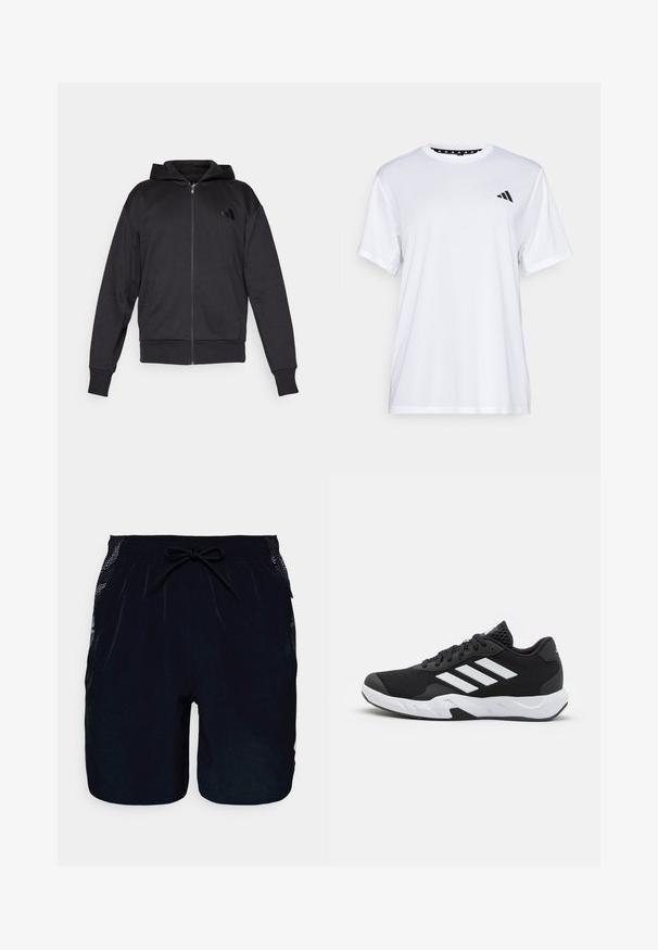 Mustmustaga musta kapuutsiga, pika varrukaga, ees taskutega, soonikuga varruka- ja alumise servaga ning väike logo vasakul rinnal.; Valge sportlik T-särk lühikeste varrukatega, valmistatud niiskust eemaldavast kangast. Ees on must logo vasakul rinnal ja soe mustriline kaelaosa.; adidas Performance Spordišortsid - black/white; Mustad mustosportlikud jalanõud, millel on tekstuuriga võrkpealne, valged aksenttriibud, pehme tallaga ja tugevdatud konts toe jaoks.