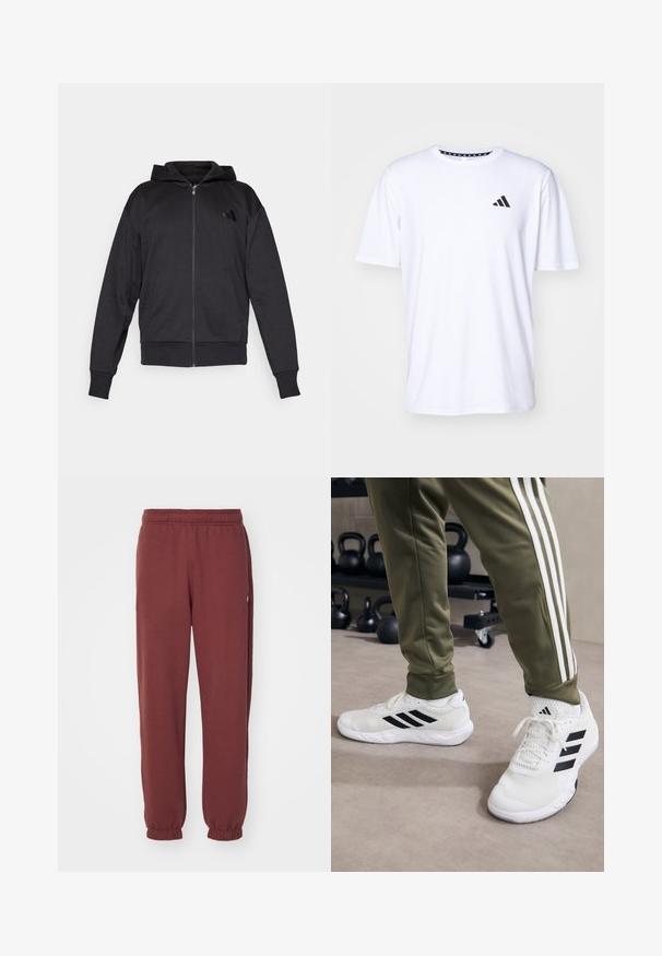 Black zip-up hoodie with long sleeves, front pockets, ribbed cuffs and hem, and a small logo on the left chest.; White short-sleeve t-shirt made of fabric with a smooth texture. Features a black adidas logo on the left chest and a patterned collar.; Champion ICONS CUFF PANTS - Tracksuit bottoms - dark brown; White athletic shoes with black stripes, mesh texture, and a padded collar, paired with olive green pants featuring white side stripes.
