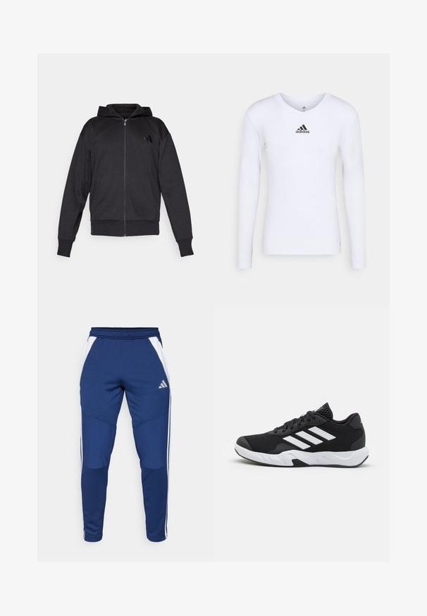 Schwarze Zip-Hoodie mit langen Ärmeln, vorderen Taschen, gerippten Bündchen und Saum sowie einem kleinen Logo auf der linken Brust.; Langärmliges weißes Sportshirt aus glattem Material mit einem schwarzen Adidas-Logo auf der Brust; V-Ausschnitt-Design und figurbetonte Form.; Marineblaue Sporthose mit weißen Seitenstreifen, aus weichem Material, mit einer schmal zulaufenden Passform und einem elastischen Bund für zusätzlichen Komfort.; Schwarze Sportschuhe mit einem strukturierten Mesh-Obermaterial, weißen Akzentstreifen, einer gepolsterten Sohle und einer verstärkten Ferse für Unterstützung.