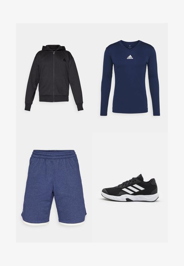 Juoda užtrauktuku užsidėta kapšas su ilgomis rankovėmis, priekinėmis kišenėmis, derančiais rankogaliais ir apvadu, bei maža logotipo etikete kairėje krūtinės pusėje.; Jūrinės mėlynos spalvos ilgomis rankovėmis sportinė marškinėliai, pagaminti iš tekstūruoto audinio, su V formos iškirpte ir balta Adidas logotipu krūtinėje. Paprastas dizainas, prigludusio kirpimo.; Mėlynos sportinės šortai, pagaminti iš marmurinio audinio. Yra elastinga juosmens juosta ir balti apvadai ant kojos kraštų. Tiesus kirpimas.; Juodi sportiniai batai su tekstūruotu tinkliniu paviršiumi, baltais akcentų dryžiais, paminkštintu padu ir sustiprintu kulnu paramai.
