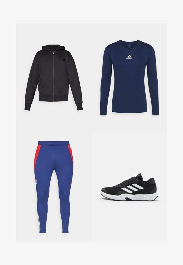 Sort zip-up hættetrøje med lange ærmer, forlommer, ribbede manchetter og kant, samt et lille logo på venstre bryst.; Marineblå langærmet sports T-shirt lavet af struktureret stof med V-udskæring og hvidt Adidas-logo på brystet. Enkel design, tætsiddende pasform.; Marineblå træningsbukser med røde sidelister, et logo på låret og hvide striber ved anklerne. Lavet af et strækbart, glat stof.; Sorte atletiksko med en tekstureret mesh-overdel, hvide accentstriber, en polstret sål og en forstærket hæl for støtte.