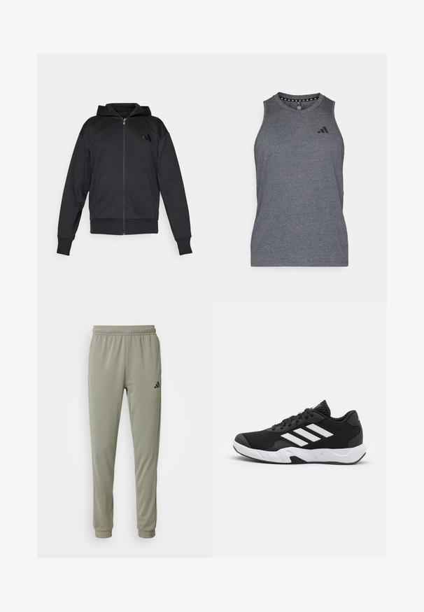 Čierna mikina s kapucňou na zips, dlhé rukávy, predné vrecká, rebrované manžety a spodný lem, a malá značka na ľavej strane hrude.; Sivý športový tielko vyrobené z ľahkej tkaniny, s okrúhlym výstrihom a čiernym logom značky na ľavej strane hrude.; Svetlozelené športové nohavice s elastickým pásom, zúženými nohavicami a čiernym logom. Vyrobené z hladkej, priedušnej látky.; Čierne športové topánky s textúrovaným sieťovinovým zvrškom, bielymi akcentovými pruhmi, polstrovanou podrážkou a spevneným pätou pre podporu.