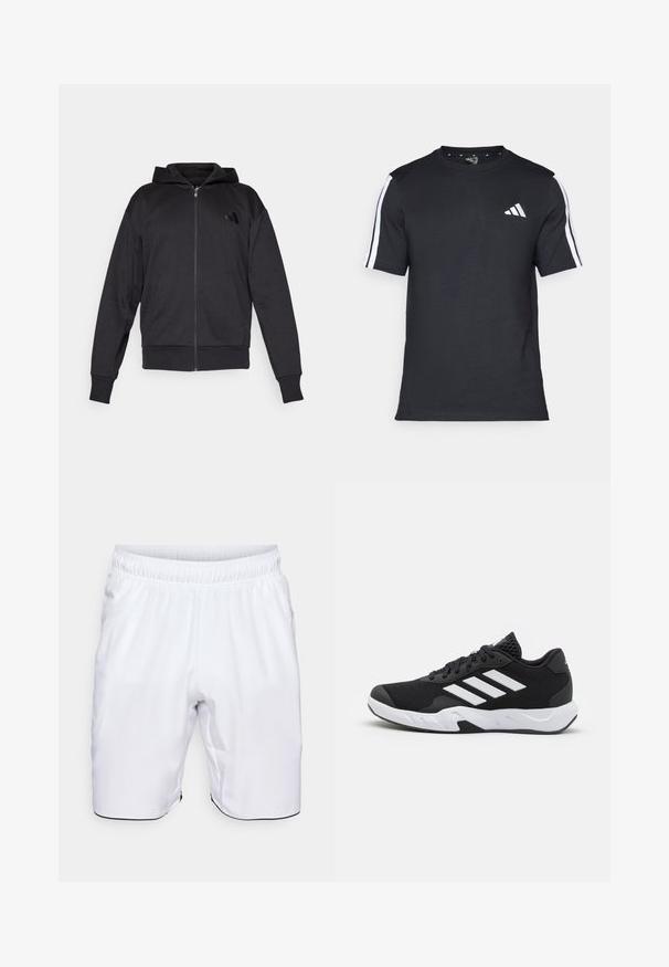 Svart zip-up huvtröja med långa ärmar, framfickor, ribbad mudd och nederkant, samt en liten logotyp på vänster bröst.; Svart T-shirt i bomull med korta ärmar, prydd med vita ränder på axlarna och en vit logotyp på vänster bröst.; Vita atletiska shorts i lätt tyg. Har resårlinning och sidofickor, med kontrasterande svart kant i nederkant.; Svarta sportskor med ett texturerat nätövre, vita accentlinjer, en dämpad sula och en förstärkt häl för stöd.