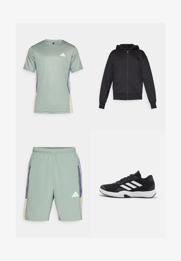 Sudadera con cremallera negra, de manga larga, con bolsillos frontales, puños y dobladillo acanalados, y un pequeño logo en el lado izquierdo del pecho.; Camiseta deportiva de color verde claro con mangas cortas, cuello redondo y logo blanco. Presenta paneles laterales en contraste de color morado y amarillo.; Shorts deportivos verde claro con cinturilla elástica, franjas laterales en azul marino y beige, y un logo blanco en la pierna izquierda.; Zapatillas deportivas negras con una parte superior de malla texturizada, rayas de acento blancas, suela acolchada y talón reforzado para mayor soporte.