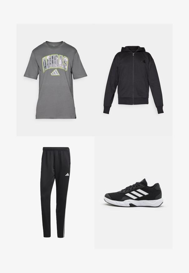 Mustmustaga musta kapuutsiga, pika varrukaga, ees taskutega, soonikuga varruka- ja alumise servaga ning väike logo vasakul rinnal.; Halli puuvillane T-särk, millel on julge, mitmevärviline "ADIDAS" logo rinnal, ümar kaelus ja lühikesed varrukad.; Mustad mustri värvi spordipüksid venitatava vööõhuga, valged külgtriibud ja väike valge logo reie peal. Valmistatud siledast, kergest materjalist.; Mustad mustosportlikud jalanõud, millel on tekstuuriga võrkpealne, valged aksenttriibud, pehme tallaga ja tugevdatud konts toe jaoks.