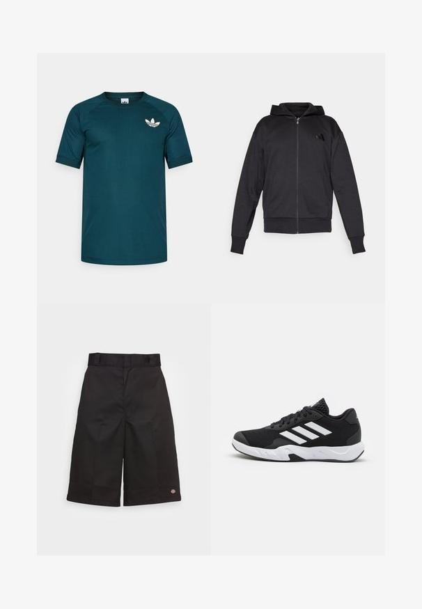 Sudadera con cremallera negra, de manga larga, con bolsillos frontales, puños y dobladillo acanalados, y un pequeño logo en el lado izquierdo del pecho.; Camiseta atlética de color verde azulado oscuro con mangas cortas raglán. Presenta un logotipo blanco de Adidas en la parte superior izquierda del pecho. Material suave y ligero.; Bermudas de algodón negras de corte recto, hasta la rodilla, con un logotipo visible en el dobladillo y una textura suave.; Zapatillas deportivas negras con una parte superior de malla texturizada, rayas de acento blancas, suela acolchada y talón reforzado para mayor soporte.