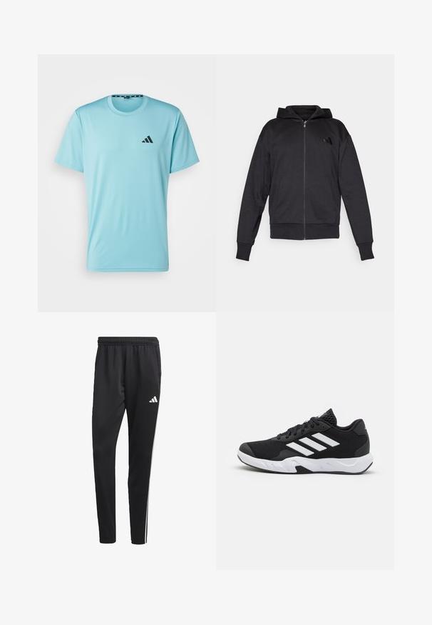 Fleece preto com fecho éclair, mangas longas, bolsos frontais, punhos e bainha canelados, e um pequeno logótipo no lado esquerdo do peito.; adidas Performance STRETCH - T-shirt desportiva - mint ton/black; Calças de treino pretas com um cós elástico, riscas laterais brancas e um pequeno logotipo branco na coxa. Feitas de um material leve e suave.; Tenis negros desportivos com um superior em malha texturizada, riscas brancas de destaque, sola acolchoada e um calcanhar reforçado para suporte.