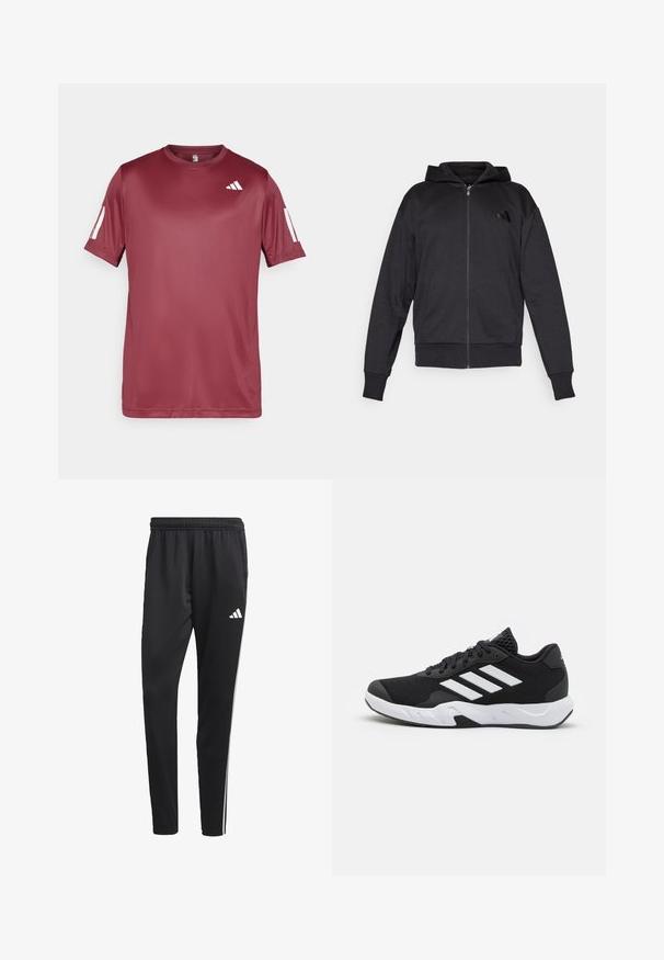 Mustat vetoketjuhupparit, joissa on pitkät hihat, etutaskut, ribbauskankaiset hihansuut ja helma, sekä pieni logo vasemmassa rinnassa.; Maroon välsittande kortärmad träningsskjorta tillverkad av mjukt, lättviktsmaterial. Har en vit logotyp på bröstet och kontrasterande vita ärmdekorer.; Mustat urheiluhousut, joissa on joustava vyötärö, valkoiset sivuraidat ja pieni valkoinen logo reidessä. Valmistettu sileästä, kevyestä materiaalista.; Mustat urheilukengät, joissa on teksturoitu verkkomateriaali yläosassa, valkoiset korostusraidat, pehmustettu pohja ja vahvistettu kanta tuen vuoksi.