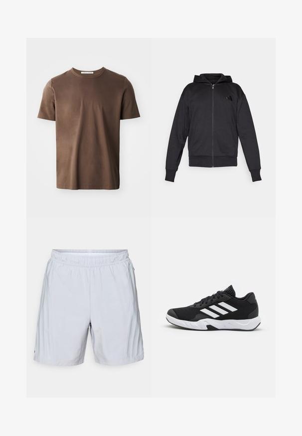 Fekete cipzáras kapucnis pulcsi hosszú ujjakkal, elülső zsebekkel, bordás mandzsettával és szegéllyel, valamint egy kis logóval a bal mellkason.; Barna pamut póló, kerek nyakkal, rövid ujjakkal és sima textúrával. A nyaknál található a "TIGER OF SWEDEN" feliratú címke.; adidas Performance SHORT - Sport rövidnadrágok - halo silver; Fekete sportcipők, textúrált hálós felsőrésszel, fehér díszcsíkokkal, párnázott talppal és megerősített sarokkal a stabilitás érdekében.