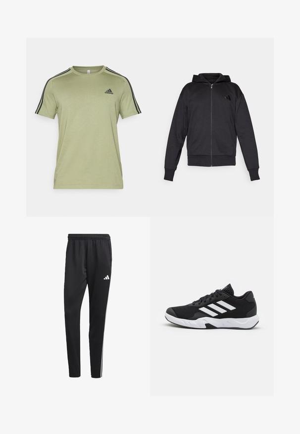 Črna zadrgasta jopica s dolgimi rokavi, sprednjimi žepi, ribastimi manšetami in robom ter majhnim logotipom na levem prsnem delu.; adidas Sportswear ESSENTIALS SINGLE 3-STRIPES - Potiskana majica - tent green; Črne atletske hlače z raztegljivim pasom, belimi stranskimi črtami in majhnim belim logotipom na stegnu. Narejene so iz gladkega, lahkega materiala.; Črne atletske čevlje z strukturiranim mrežastim zgornjim delom, belimi poudarnimi črtami, oblazinjenim podplatom in ojačanim petnim delom za podporo.