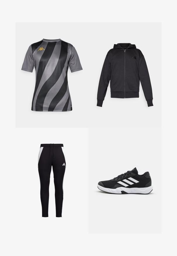 Mustmustaga musta kapuutsiga, pika varrukaga, ees taskutega, soonikuga varruka- ja alumise servaga ning väike logo vasakul rinnal.; Lühikeste varrukatega spordipaita hallis, millel on julged mustad ja heledamad hallid triibud. Vasakus rinnas on kuldne logo. Sile tekstuur.; Mustad mustad spordipüksid valgete külgpanelidega, kitsas lõige, elastne vöökoht koos kinnitustoaga ja väike valge logo vasakul jalal.; Mustad mustosportlikud jalanõud, millel on tekstuuriga võrkpealne, valged aksenttriibud, pehme tallaga ja tugevdatud konts toe jaoks.