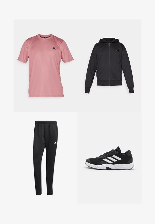 Črna zadrgasta jopica s dolgimi rokavi, sprednjimi žepi, ribastimi manšetami in robom ter majhnim logotipom na levem prsnem delu.; adidas Performance Športne majice - preloved crimson/black; Črne atletske hlače z raztegljivim pasom, belimi stranskimi črtami in majhnim belim logotipom na stegnu. Narejene so iz gladkega, lahkega materiala.; Črne atletske čevlje z strukturiranim mrežastim zgornjim delom, belimi poudarnimi črtami, oblazinjenim podplatom in ojačanim petnim delom za podporo.