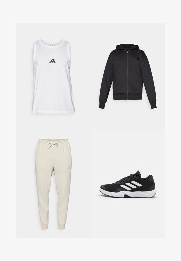 Hanorac negru cu fermoar, cu mâneci lungi, buzunare frontale, mansete și tiv din material elastic, și un mic logo pe pieptul stâng.; Tricou fără mâneci, alb, realizat dintr-un material moale, având un mic logo Adidas negru pe piept și un design lejer.; Pantaloni de trening bej cu talie elastică, șnur pentru ajustare, terminații strâmte la gleznă și un mic logo pe coapsa dreaptă, pe un fundal alb simplu.; Pantofi sport negri cu un material din plasă texturată, benzi albe de accent, o talpă cushioned și un călcâi întărit pentru suport.