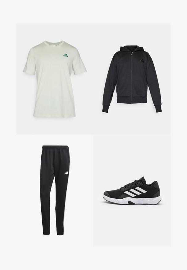 Sudadera con cremallera negra, de manga larga, con bolsillos frontales, puños y dobladillo acanalados, y un pequeño logo en el lado izquierdo del pecho.; adidas Sportswear Camiseta básica - linen green; Pantalones deportivos negros con una cinturilla elástica, rayas laterales blancas y un pequeño logo blanco en el muslo. Fabricados con un material suave y ligero.; Zapatillas deportivas negras con una parte superior de malla texturizada, rayas de acento blancas, suela acolchada y talón reforzado para mayor soporte.
