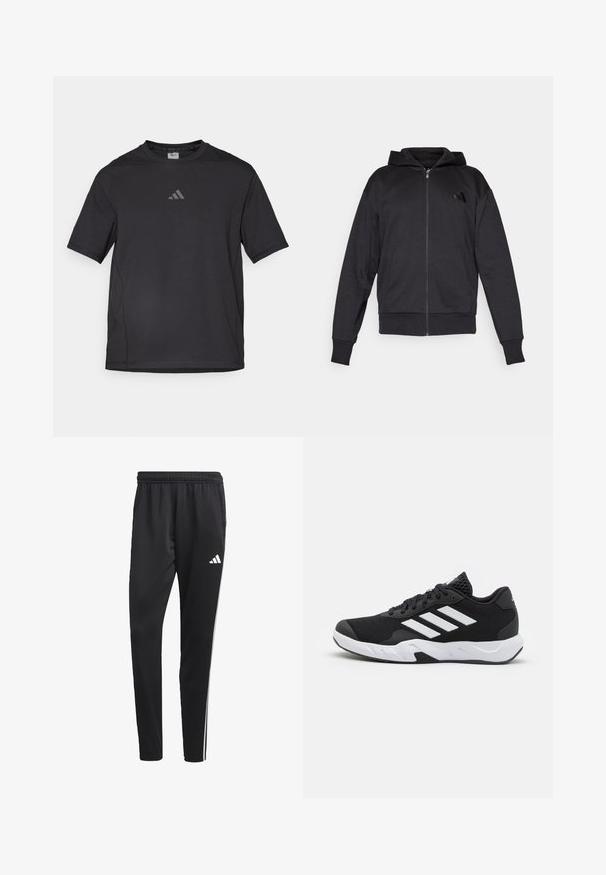 Schwarze Zip-Hoodie mit langen Ärmeln, vorderen Taschen, gerippten Bündchen und Saum sowie einem kleinen Logo auf der linken Brust.; Schwarzes Sport-T-Shirt aus atmungsaktivem Material, mit kurzen Ärmeln, rundem Ausschnitt und einem reflexiven Logo auf der Brust.; Schwarze Sporthose mit einem dehnbaren Bund, weißen Seitenstreifen und einem kleinen weißen Logo auf dem Oberschenkel. Hergestellt aus einem glatten, leichten Material.; Schwarze Sportschuhe mit einem strukturierten Mesh-Obermaterial, weißen Akzentstreifen, einer gepolsterten Sohle und einer verstärkten Ferse für Unterstützung.