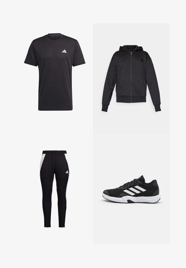 Schwarze Zip-Hoodie mit langen Ärmeln, vorderen Taschen, gerippten Bündchen und Saum sowie einem kleinen Logo auf der linken Brust.; Schwarzes Sport-T-Shirt aus atmungsaktivem Material, mit Rundhalsausschnitt, kurzen Ärmeln und einem weißen Logo auf der Brust. Strukturierte Gestaltung.; Schwarze Sporthosen mit weißen Seiteneinsätzen, schlanker Schnitt, elastischer Bund mit Kordelzug und einem kleinen weißen Logo am unteren linken Bein.; Schwarze Sportschuhe mit einem strukturierten Mesh-Obermaterial, weißen Akzentstreifen, einer gepolsterten Sohle und einer verstärkten Ferse für Unterstützung.