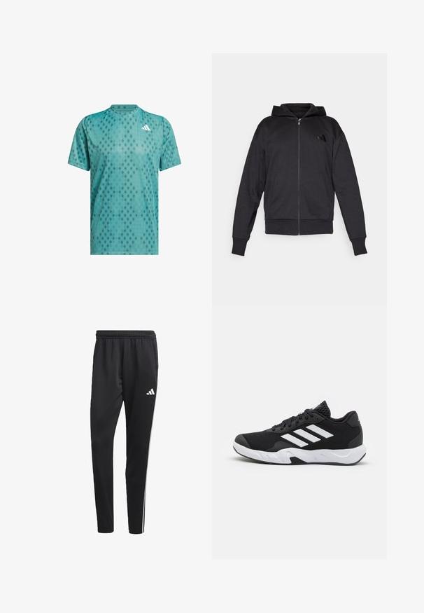 Černá mikina na zip s dlouhými rukávy, předními kapsami, žebrovanými manžetami a lemem, a malým logem na levé hrudi.; Tyrkysové sportovní tričko vyrobené z prodyšného materiálu s diamantovým vzorem; klasický výstřih; krátké rukávy; zvýrazněné logo na hrudi.; Černé sportovní kalhoty s elastickým pasem, bílými bočními pruhy a malým bílým logem na stehně. Vyrobené z hladkého, lehkého materiálu.; Černé sportovní boty s texturovaným síťovaným svrškem, bílými akcentními pruhy, polstrovanou podrážkou a vyztuženým patem pro podporu.