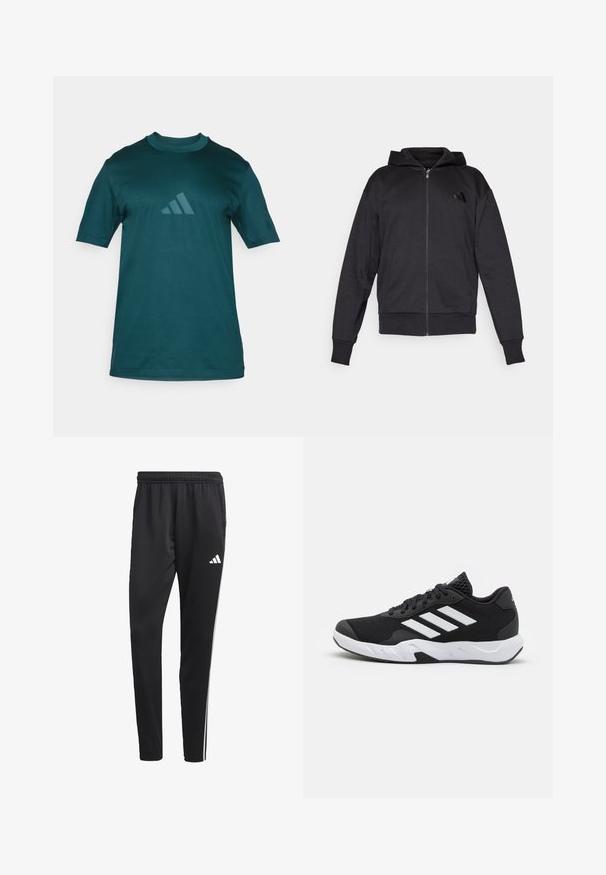 Fleece preto com fecho éclair, mangas longas, bolsos frontais, punhos e bainha canelados, e um pequeno logótipo no lado esquerdo do peito.; T-shirt de manga curta em teal, feito de tecido suave, com um logótipo Adidas tonal discreto no peito e um decote redondo.; Calças de treino pretas com um cós elástico, riscas laterais brancas e um pequeno logotipo branco na coxa. Feitas de um material leve e suave.; Tenis negros desportivos com um superior em malha texturizada, riscas brancas de destaque, sola acolchoada e um calcanhar reforçado para suporte.