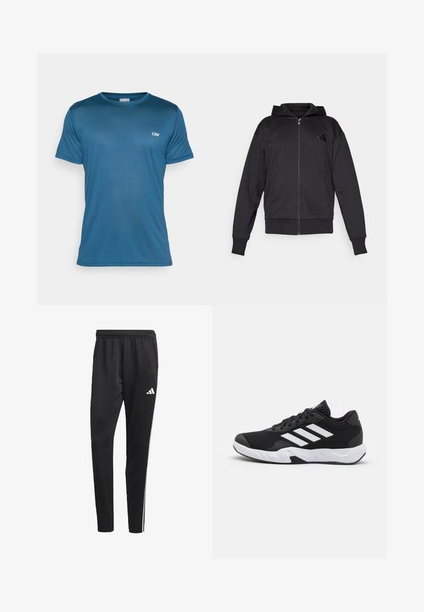 Čierna mikina s kapucňou na zips, dlhé rukávy, predné vrecká, rebrované manžety a spodný lem, a malá značka na ľavej strane hrude.; Modrá športová tričko s krátkym rukávom z textúrovanej tkaniny a okrúhlym výstrihom; na hornej ľavej strane sa nachádza malé logo.; Čierne športové nohavice s elastickým pásom, bielymi bočnými pruhmi a malým bielym logom na stehne. Vyrobené z hladkého, ľahkého materiálu.; Čierne športové topánky s textúrovaným sieťovinovým zvrškom, bielymi akcentovými pruhmi, polstrovanou podrážkou a spevneným pätou pre podporu.