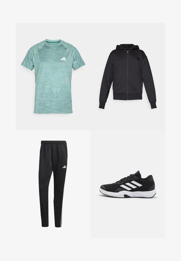 Μαύρη ζακέτα με φερμουάρ, μακριά μανίκια, μπροστινές τσέπες, ριμπ μανσέτες και στρίφωμα, και ένα μικρό λογότυπο στο αριστερό στήθος.; Αθλητικό πουκάμισο σε ανοιχτό τιρκουάζ χρώμα με υφή, κοντά μανίκια και στρογγυλή λαιμόκοψη. Διαθέτει λευκό λογότυπο στο αριστερό στήθος.; Μαύρο αθλητικό παντελόνι με ελαστική μέση, λευκές πλαϊνές ρίγες και ένα μικρό λευκό λογότυπο στο μηρό. Φτιαγμένο από απαλή, ελαφριά ύφανση.; Μαύρα αθλητικά παπούτσια με υφασμάτινη άνω επιφάνεια κώνου, λευκές διακοσμητικές ρίγες, μαξιλαρωτή σόλα και ενισχυμένη φτέρνα για στήριξη.