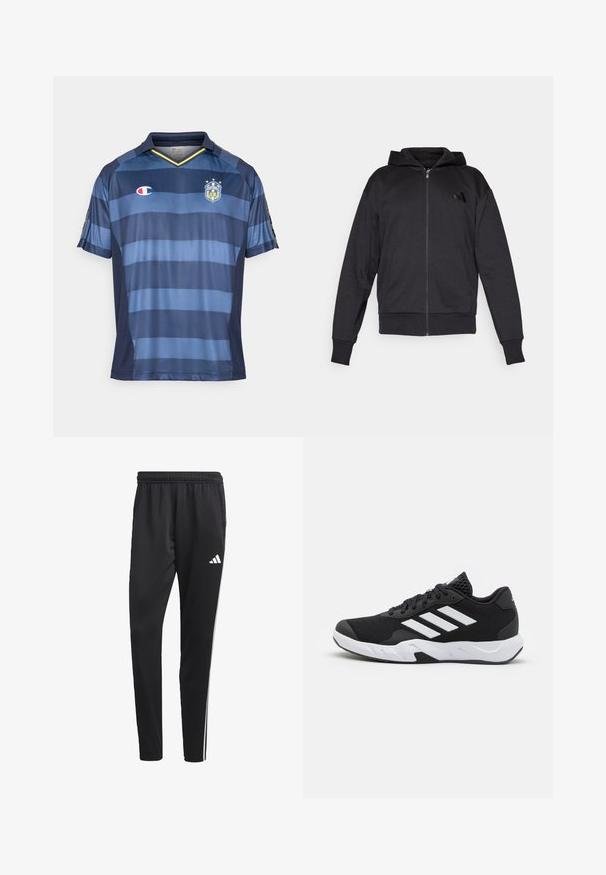 Juoda užtrauktuku užsidėta kapšas su ilgomis rankovėmis, priekinėmis kišenėmis, derančiais rankogaliais ir apvadu, bei maža logotipo etikete kairėje krūtinės pusėje.; Mėlynos ir tamsiai mėlynos juostelėmis futbolo marškinėliai su V formos iškirpte, trumpomis rankovėmis ir logotipo akcentais. Pagaminti iš lengvos medžiagos su lygiu paviršiumi.; Juodos sportinės kelnes su tampriu juosmeniu, baltomis šoninėmis juostelėmis ir mažu baltu logotipu ant šlaunies. Pagamintos iš sklandžios, lengvos medžiagos.; Juodi sportiniai batai su tekstūruotu tinkliniu paviršiumi, baltais akcentų dryžiais, paminkštintu padu ir sustiprintu kulnu paramai.