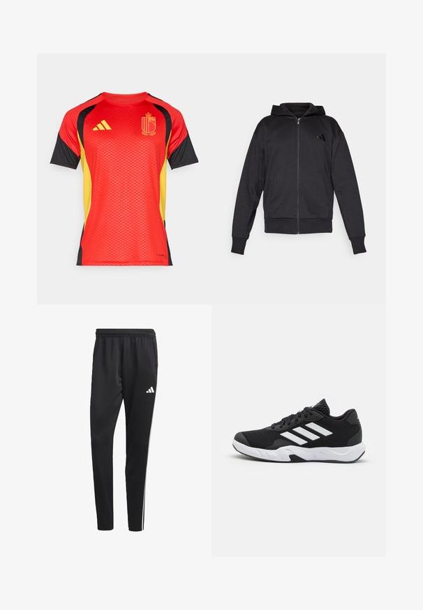 Čierna mikina s kapucňou na zips, dlhé rukávy, predné vrecká, rebrované manžety a spodný lem, a malá značka na ľavej strane hrude.; Červený dres s krátkym rukávom a čiernymi a žltými detailmi, s textúrovaným vzorom, značkou Adidas a centrálnym emblémom.; Čierne športové nohavice s elastickým pásom, bielymi bočnými pruhmi a malým bielym logom na stehne. Vyrobené z hladkého, ľahkého materiálu.; Čierne športové topánky s textúrovaným sieťovinovým zvrškom, bielymi akcentovými pruhmi, polstrovanou podrážkou a spevneným pätou pre podporu.