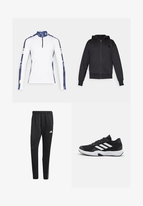 Schwarze Zip-Hoodie mit langen Ärmeln, vorderen Taschen, gerippten Bündchen und Saum sowie einem kleinen Logo auf der linken Brust.; Langärmliges Sporthemd, weiß mit blauen gemusterten Ärmeln, hohem Kragen und 1/4-Reißverschluss. Verfügt über kontrastierende schwarze Streifen an den Ärmeln.; Schwarze Sporthose mit einem dehnbaren Bund, weißen Seitenstreifen und einem kleinen weißen Logo auf dem Oberschenkel. Hergestellt aus einem glatten, leichten Material.; Schwarze Sportschuhe mit einem strukturierten Mesh-Obermaterial, weißen Akzentstreifen, einer gepolsterten Sohle und einer verstärkten Ferse für Unterstützung.