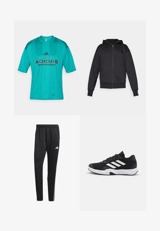 Černá mikina na zip s dlouhými rukávy, předními kapsami, žebrovanými manžetami a lemem, a malým logem na levé hrudi.; adidas Sportswear TIRO TEE - Triko s potiskem - pure teal/black; Černé sportovní kalhoty s elastickým pasem, bílými bočními pruhy a malým bílým logem na stehně. Vyrobené z hladkého, lehkého materiálu.; Černé sportovní boty s texturovaným síťovaným svrškem, bílými akcentními pruhy, polstrovanou podrážkou a vyztuženým patem pro podporu.