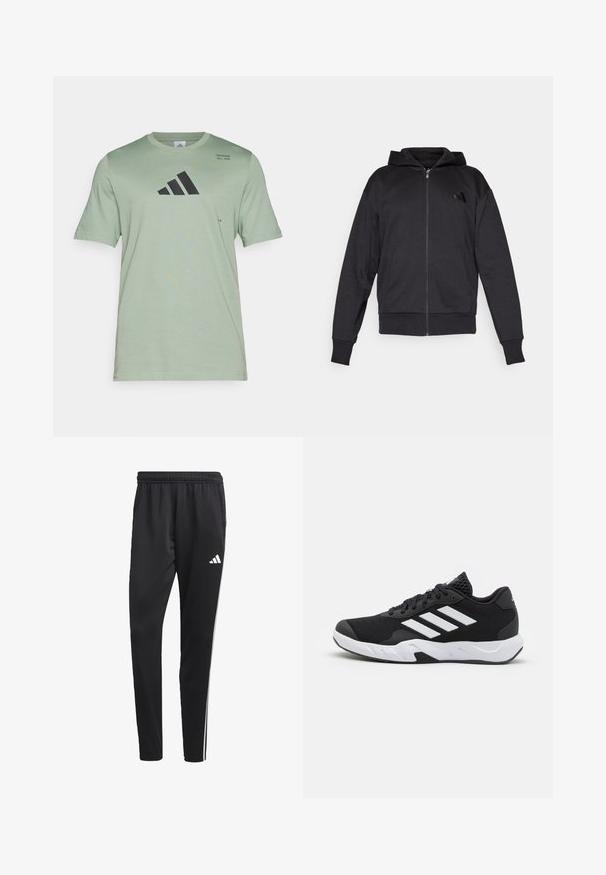 Fleece preto com fecho éclair, mangas longas, bolsos frontais, punhos e bainha canelados, e um pequeno logótipo no lado esquerdo do peito.; T-shirt de manga curta verde menta feito de tecido suave, apresentando um logótipo preto da Adidas e texto impresso no canto superior esquerdo.; Calças de treino pretas com um cós elástico, riscas laterais brancas e um pequeno logotipo branco na coxa. Feitas de um material leve e suave.; Tenis negros desportivos com um superior em malha texturizada, riscas brancas de destaque, sola acolchoada e um calcanhar reforçado para suporte.