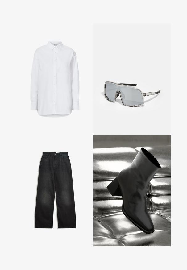 Gray knitted cardigan with a v-neck, long sleeves, ribbed cuffs, and two front pockets. Features button closure and soft texture.; White long-sleeve button-up shirt with a collar, made of smooth fabric, featuring a straight hem and button closures down the front.; Wide-leg black denim jeans with a high waist, featuring five pockets and a zip fly. The fabric has a smooth texture with subtle fading.; Black ankle boot made of glossy material with a square toe and tapered heel, set against a shiny silver tufted background.; Sunglasses with a transparent frame, gray lenses, rectangular shape, rubber-accented temples, and adjustable nose pads.