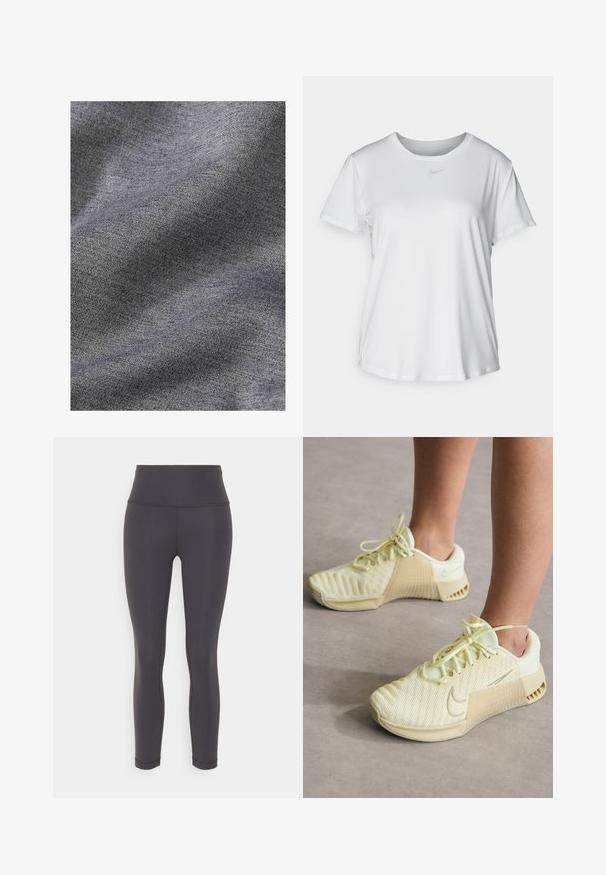 Tejido gris texturizado con un suave patrón de punto, que presenta un sutil efecto de degradado y hilos entrelazados que crean profundidad y dimensión.; Camiseta blanca de manga corta hecha de tejido suave, con un escote redondo y un pequeño logo de Nike gris en el pecho.; Leggings atléticos negros hechos de material elástico, con una cintura alta, silueta elegante y diseño sin costuras y sin patrones.; Zapatillas deportivas amarillo claro con parte superior de malla, acentos laterales ribeteados, punta redonda y cordones planos. Presenta el logo de Nike en el lateral.