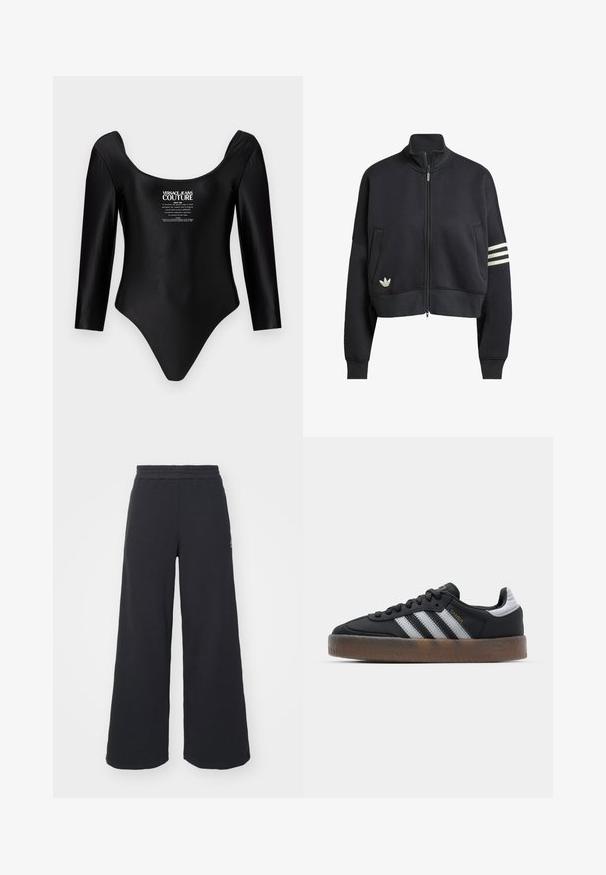 Sweatshirt preto curto com colarinho alto, fecho frontal, dois bolsos laterais e três riscas brancas na manga esquerda. Apresenta um logótipo.; Bodysuit preto de mangas longas feito de um tecido suave, com decote redondo e texto de logotipo branco em contraste na parte da frente.; Calças de fato largas, pretas, feitas de tecido macio, com uma cintura elástica e um pequeno logótipo do lado esquerdo.; Ténis pretos com um design elegante, apresentando três riscas brancas, uma língua preta e uma sola de borracha castanha texturizada. Destaques em letras douradas.