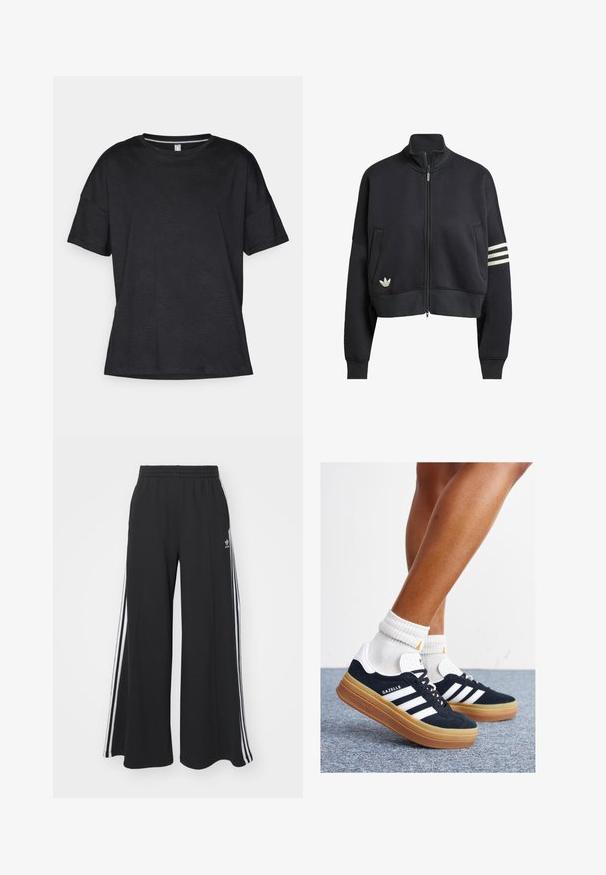 Schwarzer, kurzer Sweatshirt-Pullover mit hohem Kragen, Frontreißverschluss, zwei Seitentaschen und drei weißen Streifen am linken Ärmel. Mit Logo.; Schwarzes Kurzarm-T-Shirt aus strukturiertem Stoff mit einem dezenten Wellenmuster, ausgestattet mit einem Rundhalsausschnitt und einem lockeren Schnitt.; Schwarze weite Sweatpants mit elastischem Bund, versehen mit weißen Seitestreifen und einem gestickten Logo auf dem linken Oberschenkel.; Schwarze Wildledersneaker mit weißen Streifen und Akzenten, rundlicher Zehenbereich, Sohlen aus braunem Gummi, kombiniert mit weißen, gerippten Sneakersocken.