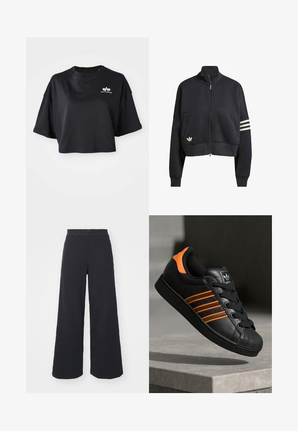 Sweatshirt preto curto com colarinho alto, fecho frontal, dois bolsos laterais e três riscas brancas na manga esquerda. Apresenta um logótipo.; T-shirt cropped preta feita de algodão, com decote redondo, mangas curtas e um logo branco no peito. Textura suave.; Calças de fato largas, pretas, feitas de tecido macio, com uma cintura elástica e um pequeno logótipo do lado esquerdo.; Sapatilha preta com detalhes laranja, três riscas horizontais, parte superior em couro texturizado, bico de borracha e atacadores pretos.