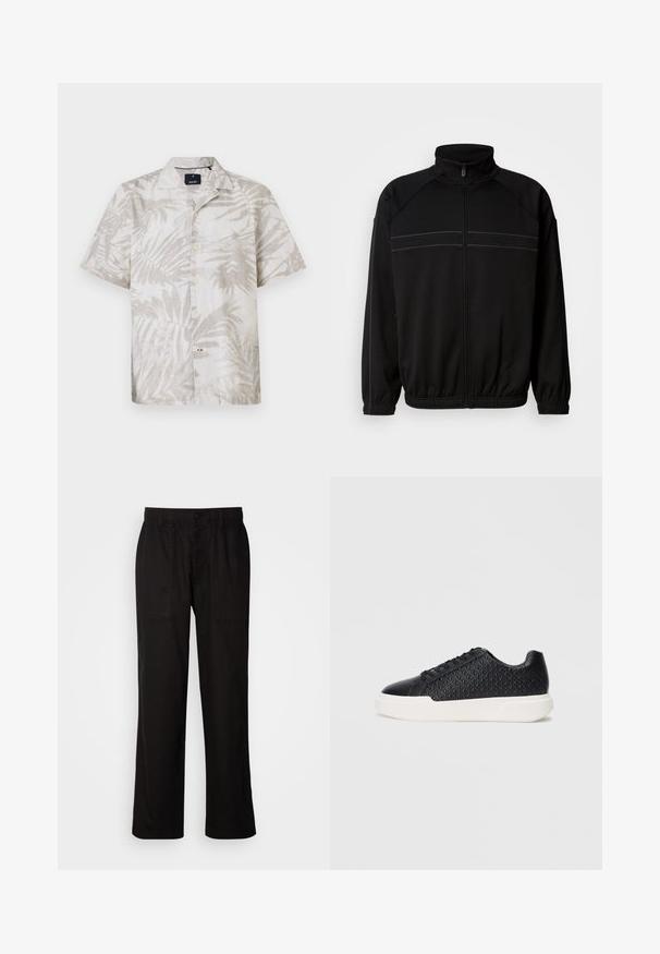 Czarna kurtka zapinana na zamek, wykonana z miękkiego materiału, z wysokim kołnierzem, elastycznymi mankietami i dekoracyjnymi poziomymi paskami na klatce piersiowej.; Koszula z krótkim rękawem w palmy, w jasnym beżowym lnie, z wykładanym kołnierzykiem i zapięciem na guziki. Subtelny wzór liści na całej tkaninie.; Czarne spodnie o luźnym kroju, wykonane z lekkiego materiału. Posiadają elastyczny pasek w talii, zapięcie na guzik oraz dwie przednie kieszenie.; Czarne sneakersy z geometryczną teksturą z boku, gładką czubkiem i białą gumową podeszwą. Posiada okrągłe sznurówki oraz niski design.