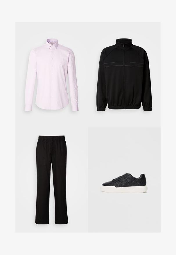 Czarna kurtka zapinana na zamek, wykonana z miękkiego materiału, z wysokim kołnierzem, elastycznymi mankietami i dekoracyjnymi poziomymi paskami na klatce piersiowej.; Jasnoróżowa, długozdrowa koszula zapinana na guziki, wykonana z bawełny, z klasycznym kołnierzykiem, z przodu na guziki oraz z małym logo na piersi.; Czarne spodnie o luźnym kroju, wykonane z lekkiego materiału. Posiadają elastyczny pasek w talii, zapięcie na guzik oraz dwie przednie kieszenie.; Czarne sneakersy z geometryczną teksturą z boku, gładką czubkiem i białą gumową podeszwą. Posiada okrągłe sznurówki oraz niski design.