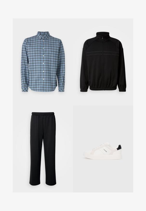 Jachetă neagră cu fermoar, realizată dintr-un material moale, având un guler înalt, manșete elastice și dungi decorative orizontale pe piept.; Cămașă cu nasturi din bumbac țesut, cu un model în carouri albastre și negre, mâneci lungi, guler, nasturi albi și manșete ajustabile.; Pantaloni sportivi negri, realizați dintr-un material moale și respirabil. Au talie elastică și pantaloni drepți, fără accente sau modele evidente.; Tenesi albi cu detalii roz deschis și negre, având panouri din piele netedă și suede, vârf rotund și talpă plată din cauciuc.