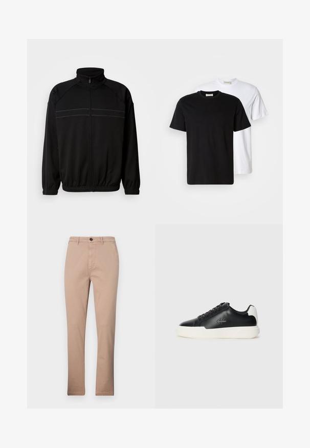 Giacca nera con zip realizzata in tessuto morbido, con colletto alto, polsini elasticizzati e strisce decorative orizzontali sul petto.; Due t-shirt di cotone semplici, una nera posizionata davanti a una bianca, entrambe con maniche corte e scollature rotonde.; Chino beige in misto cotone, con design a gamba dritta, tasche frontali e chiusura con un bottone. Texture liscia.; Sneakers in pelle nera con suola in gomma bianca. Presentano punta rotonda, design con lacci e dettaglio del logo sul lato. Accento posteriore in bianco.