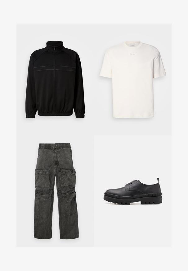 Svart glidelåsjakke laget av myk stoff, med høy krage, elastiske mansjetter og dekorative horisontale striper over brystet.; Hvit bomulls T-skjorte med rund hals, korte ermer og brodert "Calvin Klein" logo i midten av brystet. Enkel design.; Cargo bukser i falmet sort stof, med elastisk talje, flere sidelommer og en let vasked tekstur.; Svart lærsko med rund tå, snøring og kraftig gummisåle. Har en trekkring på hælen og teksturerte detaljer.